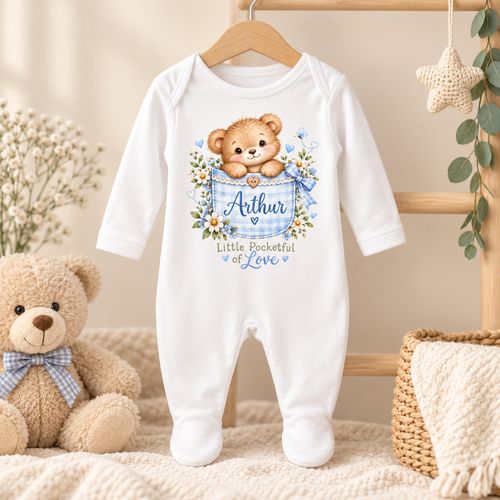 Personalised Baby Gift Set, Teddy Bear and Sleepsuit, Baby Boy Girl, Pink Blue — image 2