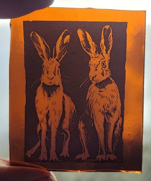 Stained glass Hares kiln fired amber glass piece Hare art