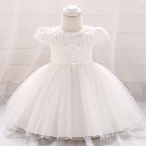 Baby Christening Dress Short Sleeve Lace Beaded Girls Ivory Gown & FREE Headband