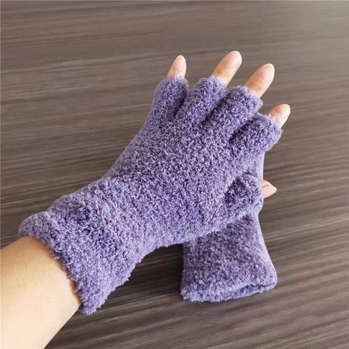 Ladies Women Soft Warm Half Finger Fashion Fluffy Coral Fleece Fingerless Gloves