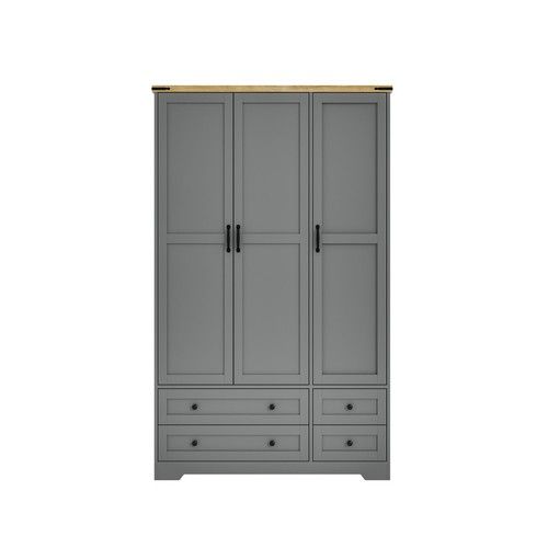 3 Door 4 Drawer Panelled Wardrobe Bedroom Storage Hanging Rail Shelves Oak Top