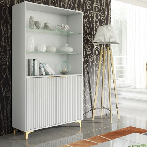 Display Cabinet Tall Unit 175cm Fluted Doors Bookcase White Gold Storage 175cm — image 1