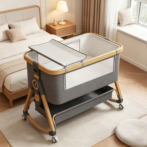 3 In 1 Baby Bedside Crib,6 Height Adjustable Baby Cot Bed With Mattress and Net — image 2