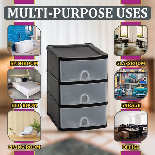 4 x Uni Handy 3 Tier Plastic Drawers Storage Chest Tower Office Home School — image 3