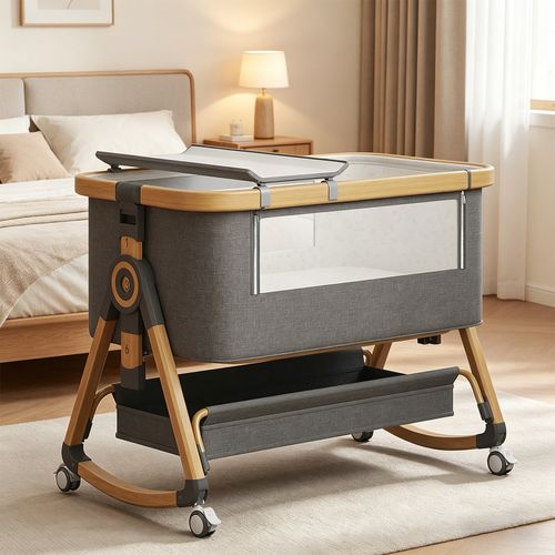 3 In 1 Baby Bedside Crib,6 Height Adjustable Baby Cot Bed With Mattress and Net — image 3