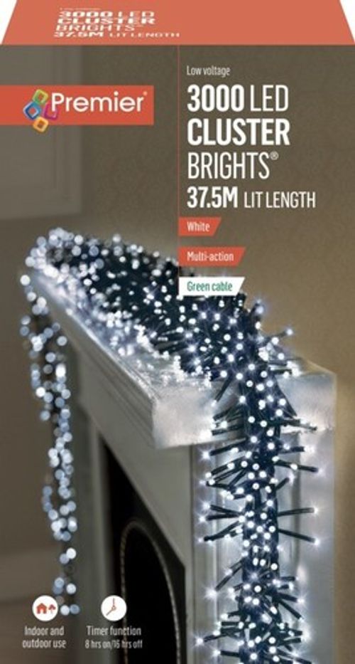 Premier 3000 LED Cluster Indoor Outdoor Christmas Tree Lights with Timer - WHITE