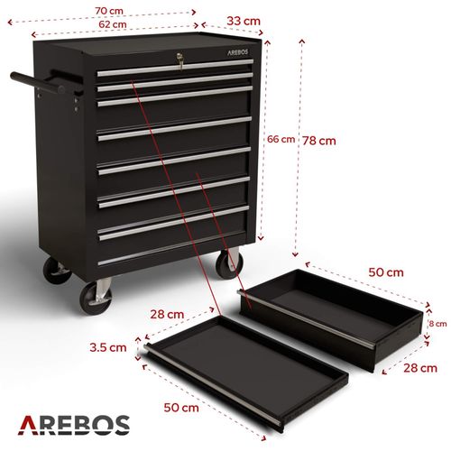 AREBOS Roller Tool Cabinet Storage 7 Drawers Toolbox Tool Chest, Trolley Black — image 9