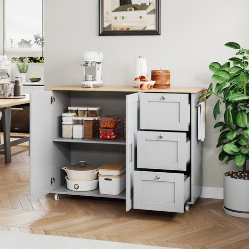 Kitchen Island on Wheels, Rolling Storage Trolley w/ Drop Leaf, 3 Drawers, Grey — image 2