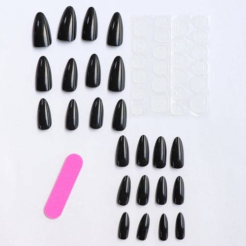 24x False Nails, Black Gloss Almond shape, Press on Nails with File — image 4