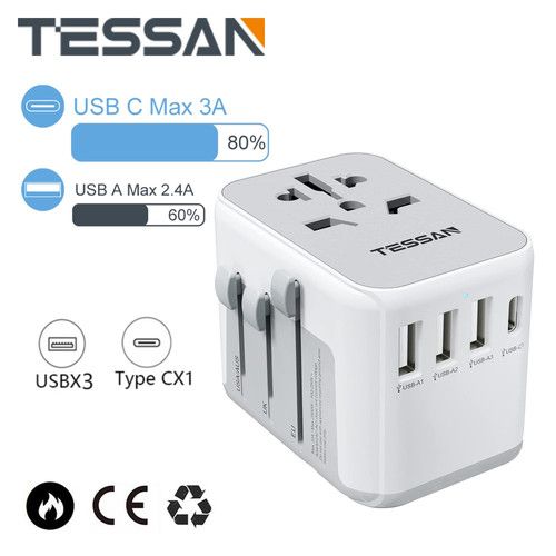 Worldwide Travel Plug Adaptor with 3 USB A &1 USB C Ports for Multi Countries