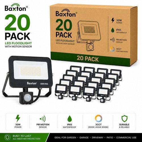 Baxton 20 Pack 30W LED Floodlights With PIR Sensor 3CCT IP65 Trade Carton