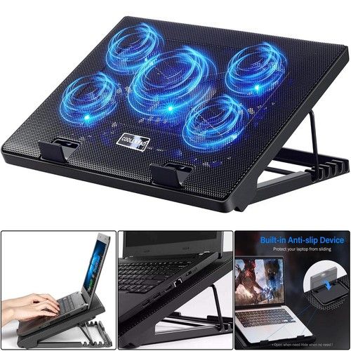 Adjustable Laptop Cooling Pad Notebook Cooler Stand 5 Fans With LED 12-17 Inch