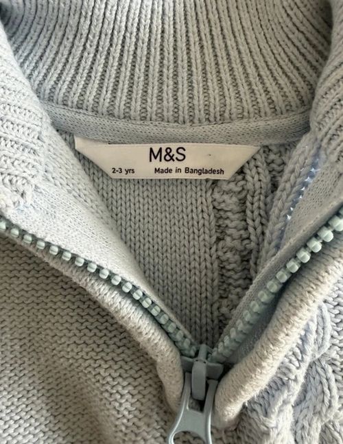 M&S Blue Cable-Knit 1/4 Zip Cotton Knit Jumper High Neck 2-3 Years — image 3