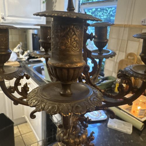 Antique 19thC French Baroque Ornate Brass 5 Arm Candelabra Altar Style 24" — image 8