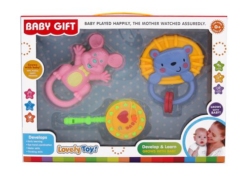 Baby Teether Rattle Set Toy 3pcs Various Cartoons animal shapes Shake Gift box  — image 1