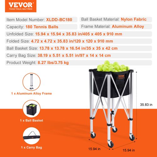 VEVOR Tennis Ball Hopper Basket Teaching Tennis Ball Cart with Wheels 180 Balls — image 7
