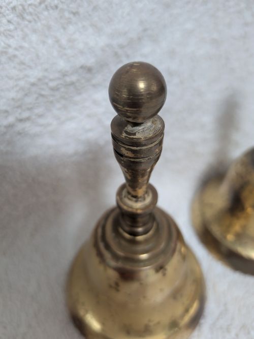 Pair Vintage Solid Brass Hand Bells Made In England School Dinner Call Lead — image 3