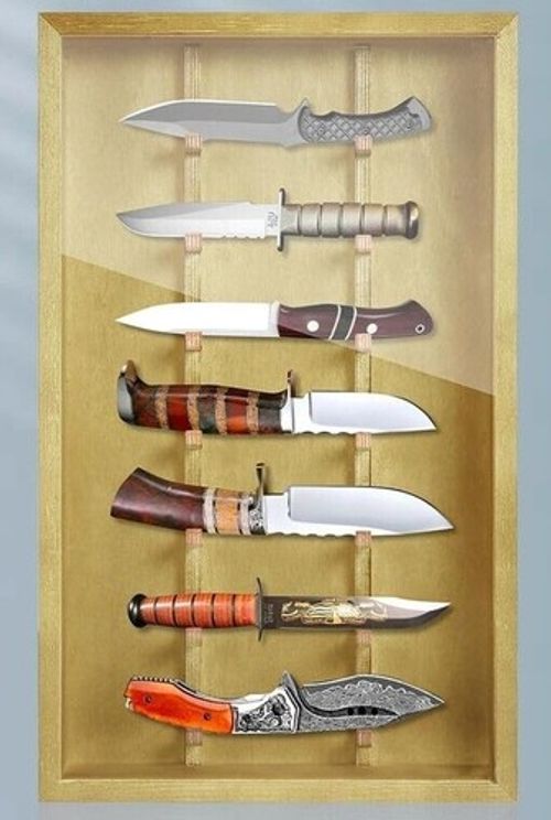 Knife Display Case Cabinet 7 Pcs Yellow Wood Pocket Knives Rack Wall Shadow Box
