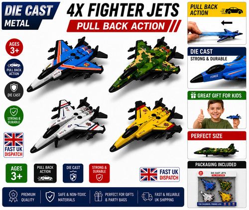 4x Die Cast Fighter Jet Toys - Pull Back Action Metal Aircraft Plane Set Age 3+