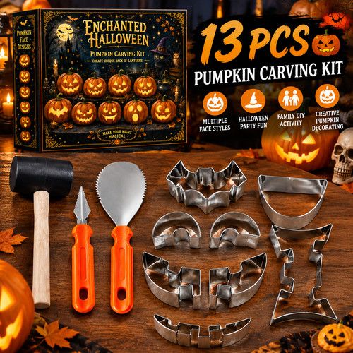 Pumpkin Carving Kit 13 Piece Stamping Tool Set Safe for Kids Halloween UK New