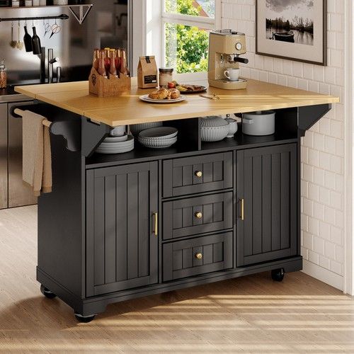 Kitchen Island on Wheels Rolling Storage Trolley with Extendable Worktop, Black