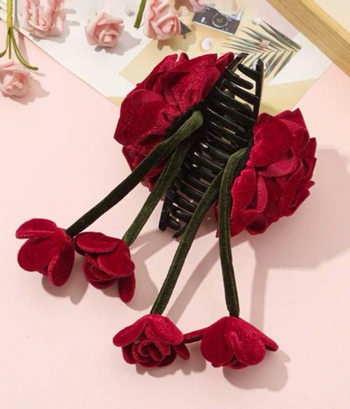 Women’s Red Rose Flower Claw Clip 10cm Fabric & Plastic Hair Accessory