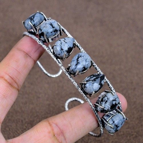 Snowflake Obsidian Gemstone Bangle 925 Sterling Silver Handmade Jewelry For Gift