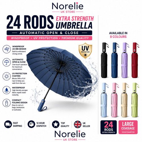 Extra Strength Foldable 24 Rods Umbrella Fully Automatic Large UV/Rain Protect