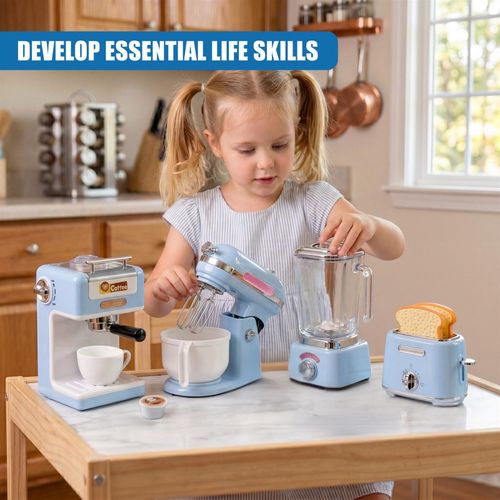 Kitchen Appliances Toy Set Kids Pretend Play Coffee Toaster Mixer Blender Food — image 5