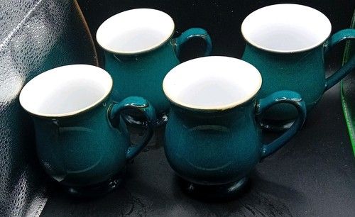DENBY ENGLAND STONEWARE GREENWICH GREEN 4 CRAFTSMAN MUGS NEW 