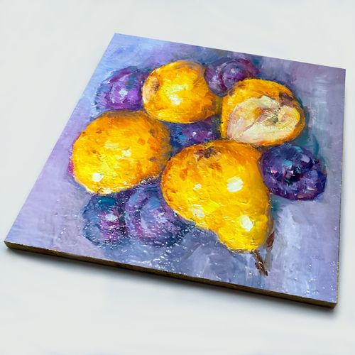 Original Pears Plums Oil Painting Still Life 6x6in Fruit •Signed by OlgaS — image 4