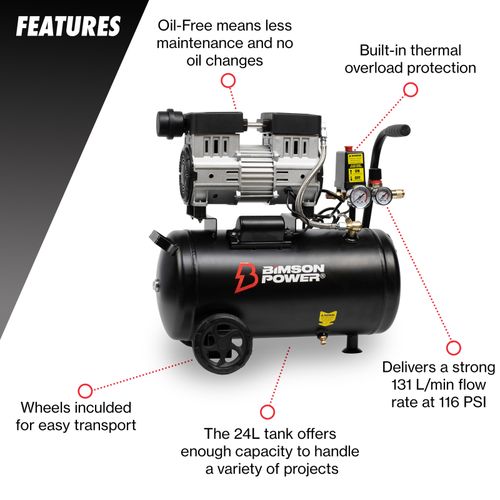 Bimson Power 24L Oil Free Air Compressor, Low Noise, 116 PSI, Portable, Light — image 2