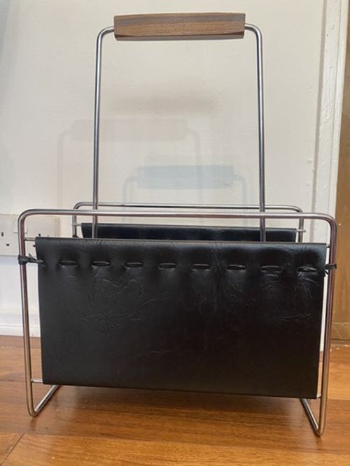 60s 70s newspaper holder newspaper rack metal teak Mid - Century Design