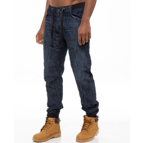 Enzo Mens Cuffed Jogger Jeans Elasticated Waist Designer Denim Pants All Sizes