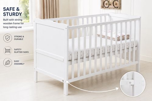 White Wooden Baby Cot Bed Nursery Crib with Slatted Sides – Infant Toddler Cot — image 3