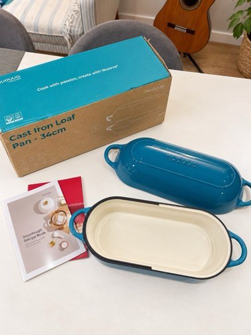 nuovva Cast Iron Enamel Loaf Tin 34cm Blue Rectangular Pan with Lid