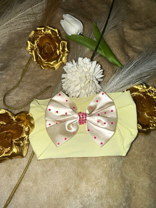 Baby Girls Yellow Fabric Headband Stretch One Size Pink/White Polka Dot Bow — image 1