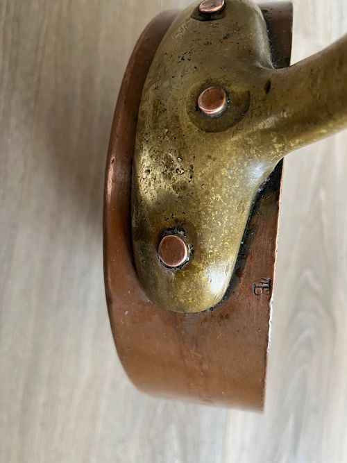 heavy old copper and brass pan ( b etched ) — image 3