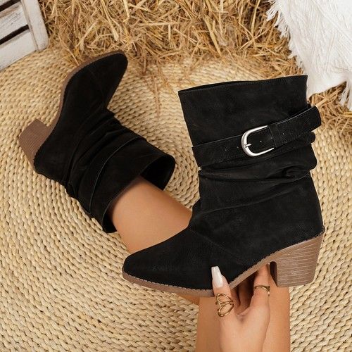 Women Slouch Mid Calf Western Boots Buckle Chunky Heel Pointed Toe Cowboy Shoes