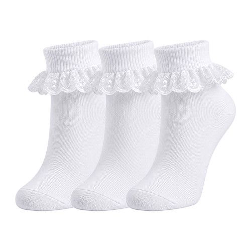 Girls Frilly Lace Socks Trim Top Kids School Uniform Ankle Socks - 3,6,12 Pairs