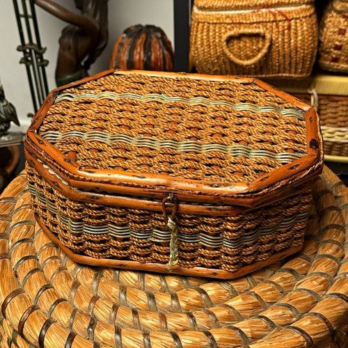 Rare Vintage Woven Sewing Basket Box Fabric Lined Decorative Storage
