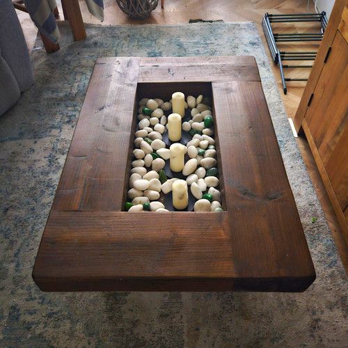 Rustic Dark Wood Rectangular Coffee Table 100x66x40cm Recessed Candle Tray