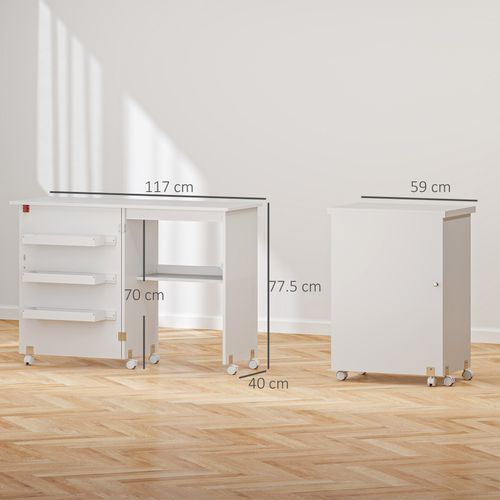 HOMCOM Folding Sewing Table Rolling Craft Table with Drop Leaf Wheels White — image 3