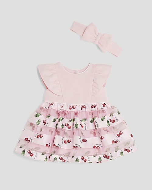 River Island Baby Girls Dress & Headband Set Pink Cherry Bubble Hem Crew Neck — image 1