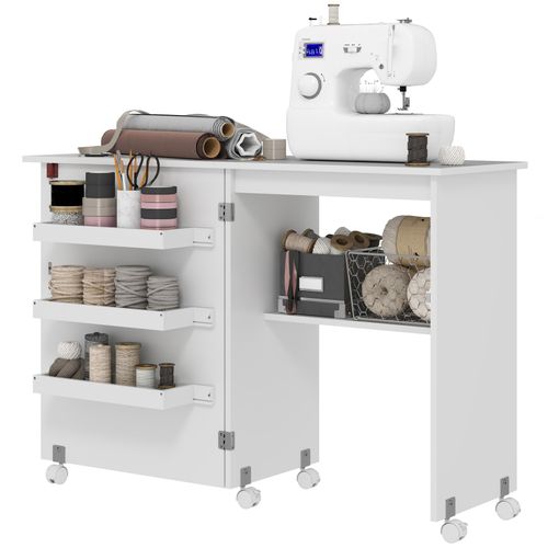 HOMCOM Folding Sewing Table Rolling Craft Table with Drop Leaf Wheels White — image 1
