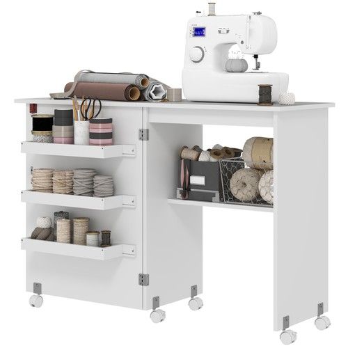 HOMCOM Folding Sewing Table Rolling Craft Table with Drop Leaf Wheels White