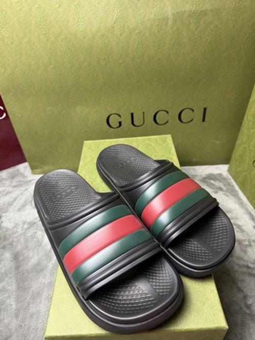 Gucci Men’s Rubber Slide Sandals Black Green Red Web Stripe UK 10 EU 44 NIB