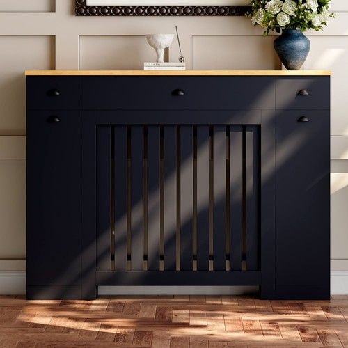Radiator Cover Black Modern Vertical Slat Storage Drawers Cabinet MDF 1280mm