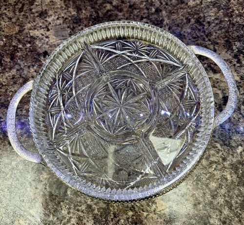 Vintage Mayell England Cut Crystal Divided Serving Dish ELL Silver-plated stand — image 4