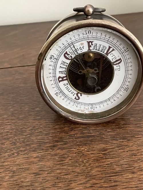 Vintage Brass Bound Desktop Barometer. Brass Bezel.